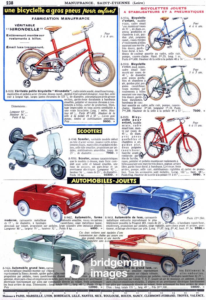 Bicycles, scooters, cars for children, c.1950s (print)