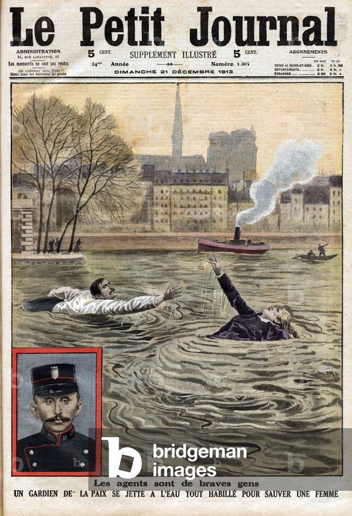 Policeman is jumping into the water to rescue a woman in Paris, 1913 (print)