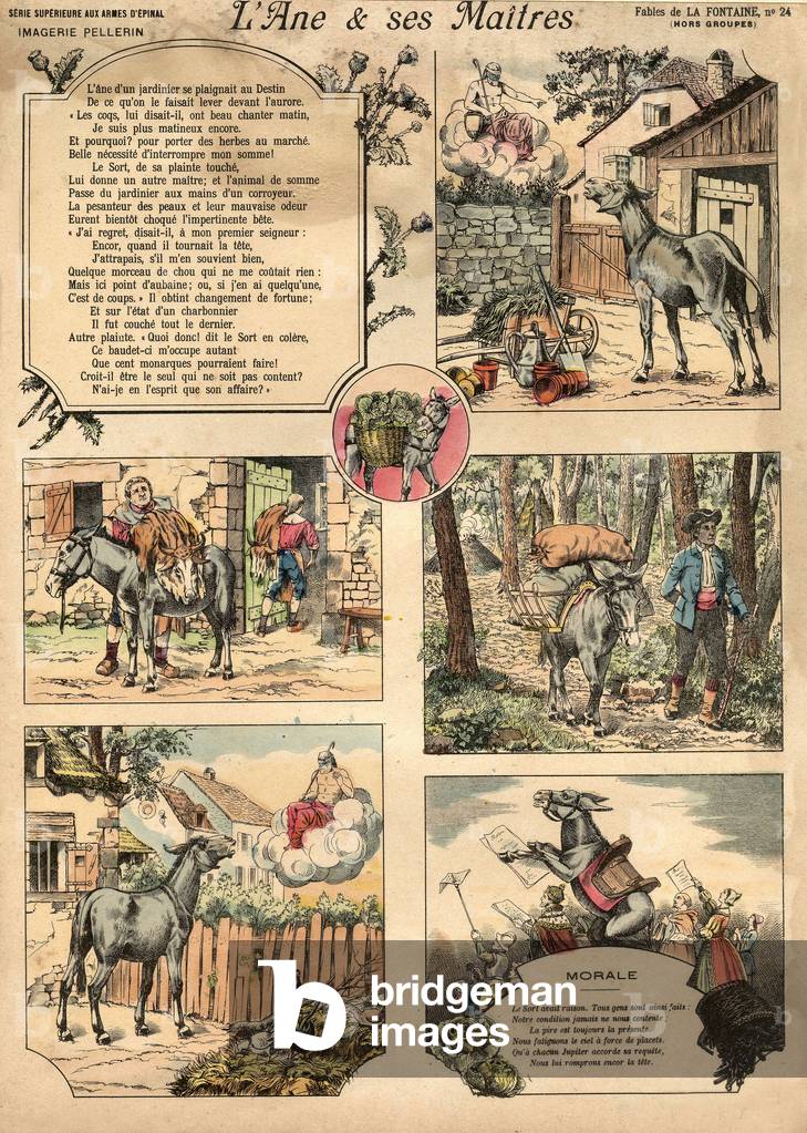 Illustration of La Fontaine's Fables The Donkey and His Masters, engraving, c. 1890