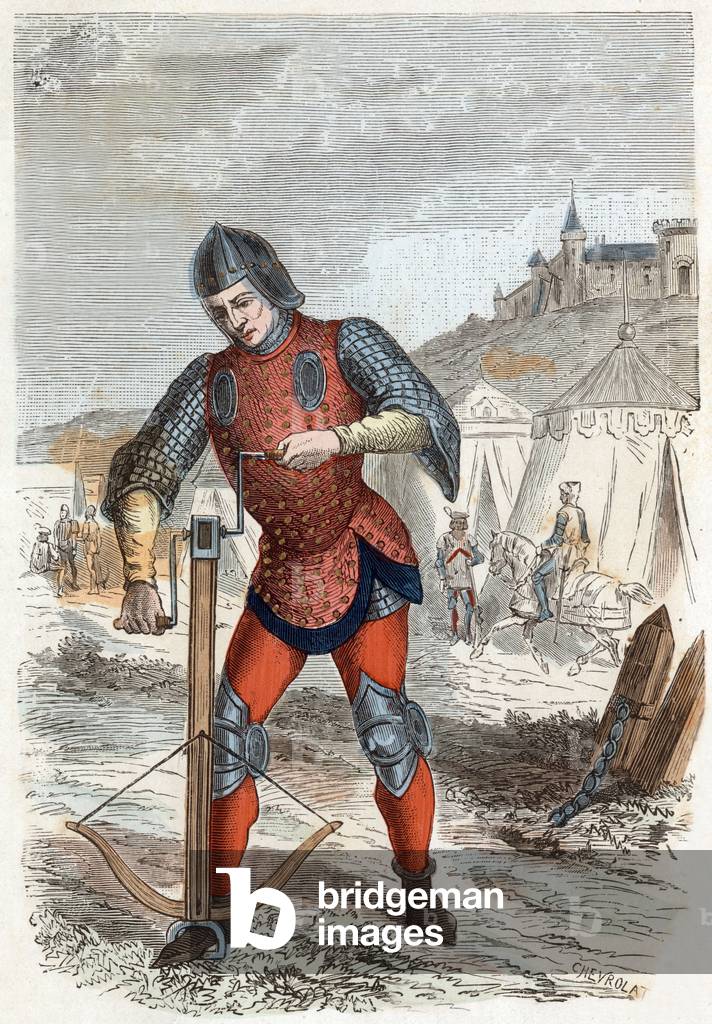 Costumes of Paris through ages: crossbowman with is crossbow, engraving from book 