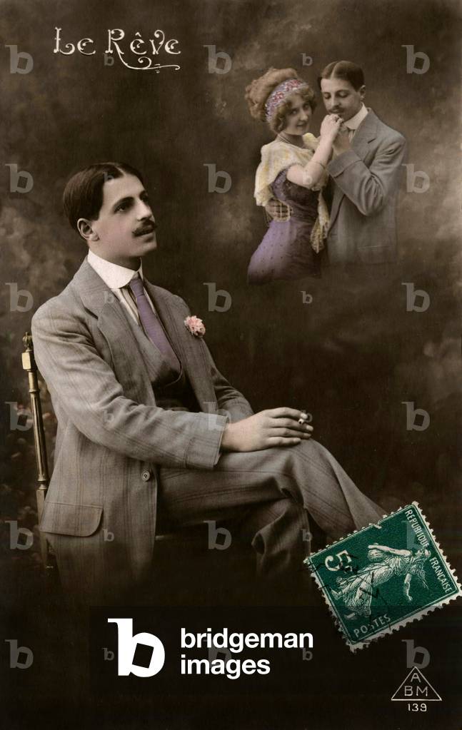 Man in love dreaming to his beloved, french Postcard, c. 1913