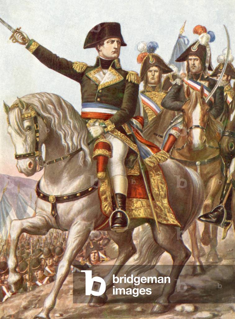 Napoleon Bonaparte invading Piemont in 1796, illustration, 30's