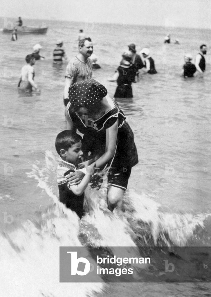 On the beach in Nice on the Riviera, c. 1910 (b/w photo)