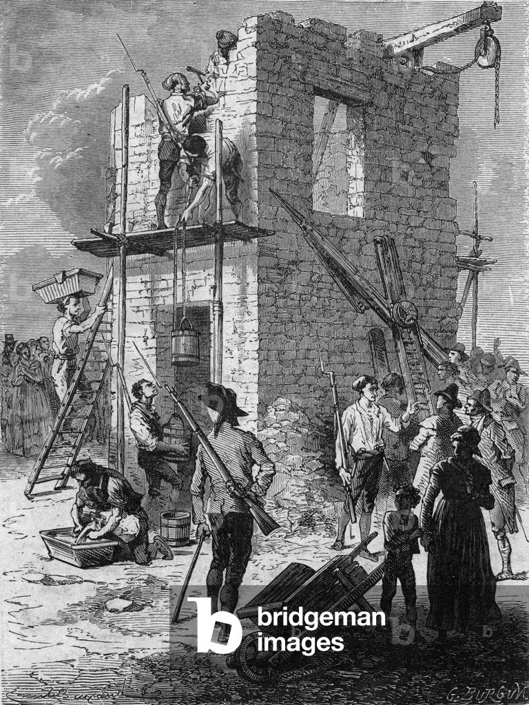 Building of a telegraphic post, 1793, France (engraving)