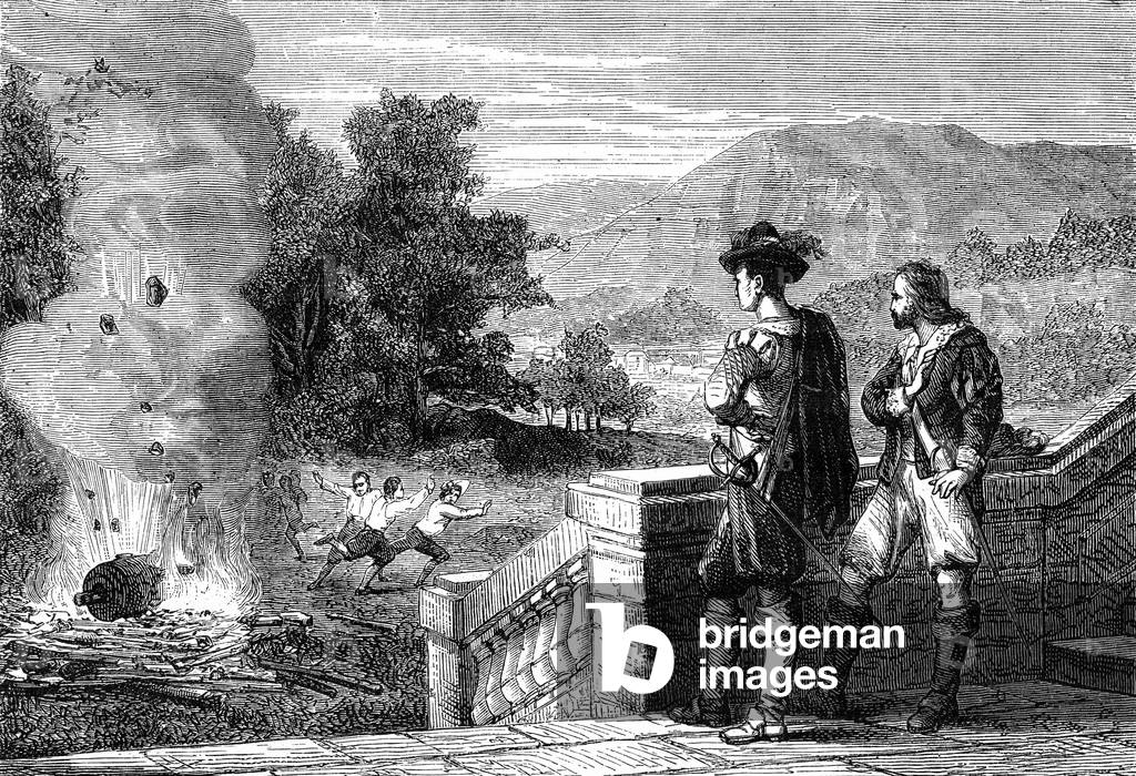 Edward Somerset, marquis of Worcester (1601-1667) and canon using steam, engraving