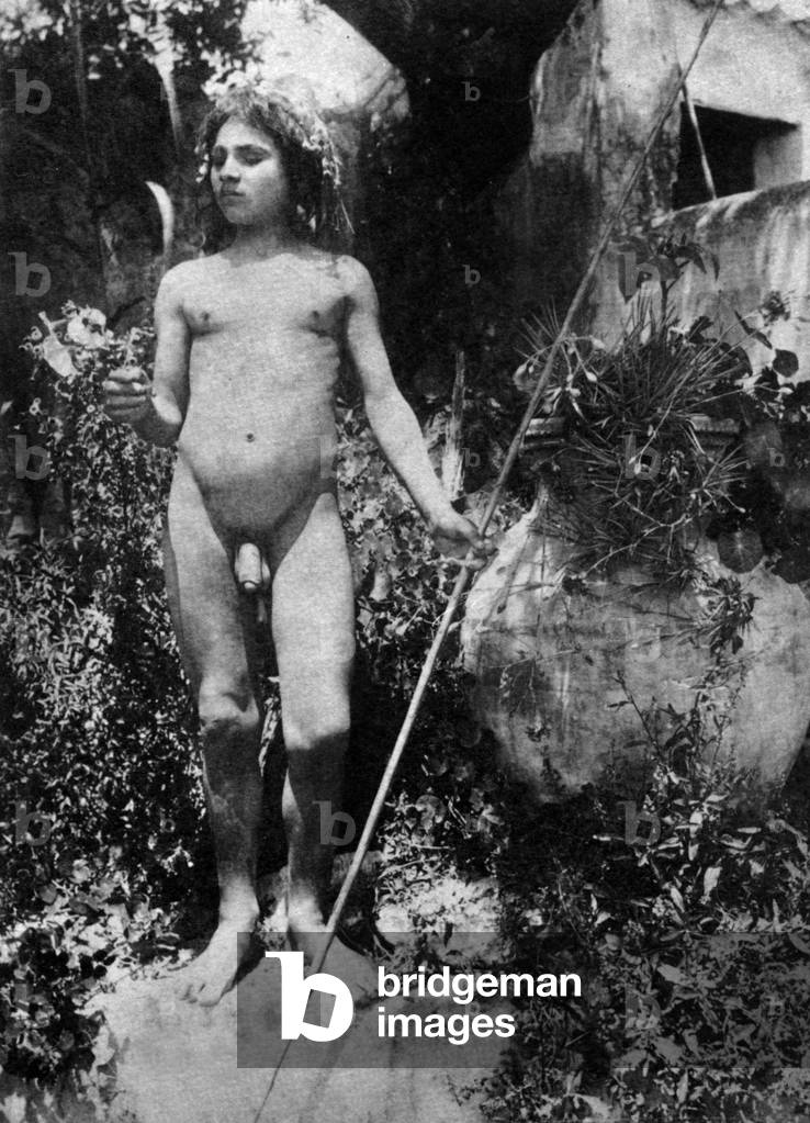 In Taormina, Sicily, naked young boy, photo by german gay photograph Wilhelm von Gloeden (1856-1931) c. 1900