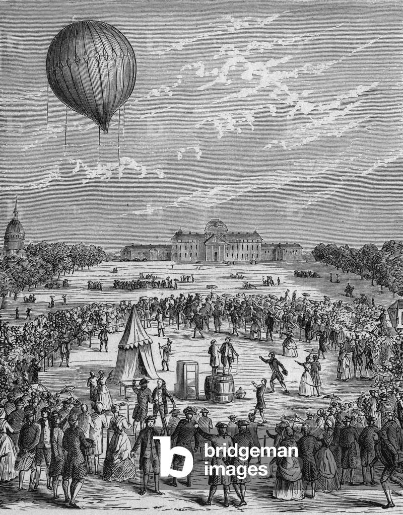 On august 27, 1783, french physicist Jacques Charles helpt by Robert brothers launched the 1st hot air balloon with hydrogen in Paris, engraving