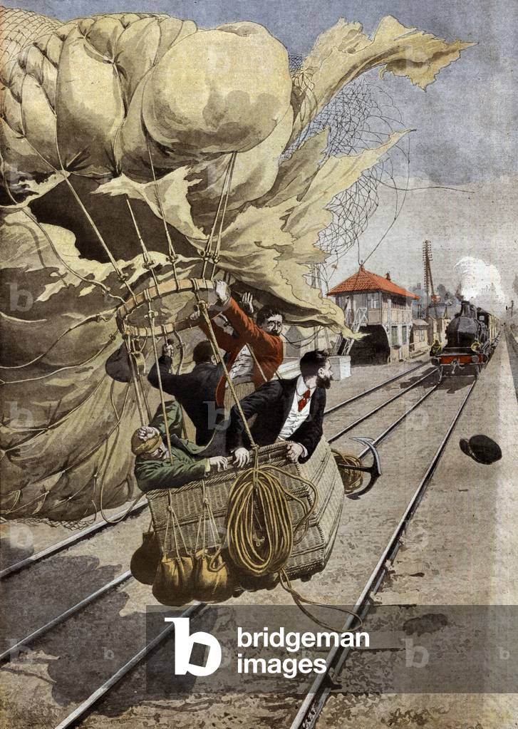 A balloon is falling on railroad, France, illustration from 