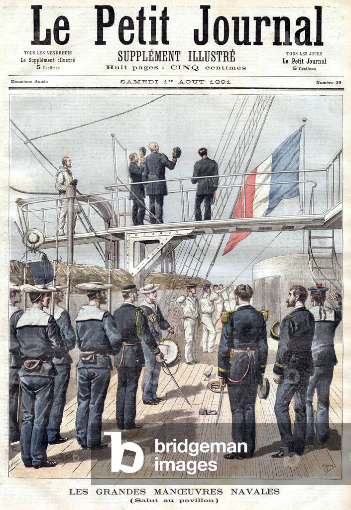 Naval parade for Bastille Day in Toulon: salute to the flag , frontpage of newspaper Petit Journal august 01, 1891 (engraving)