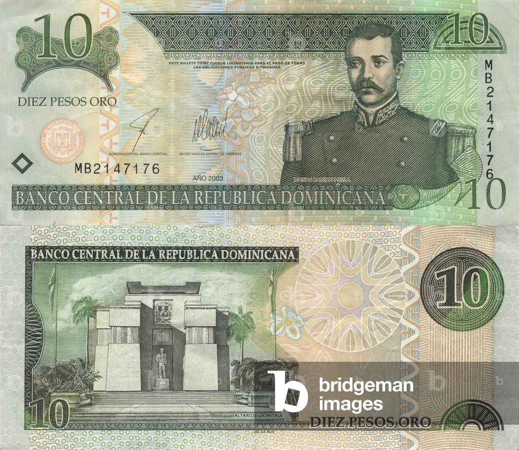 Both sides of a banknote of 10 Dominican Pesos in illustration on the front Matias Ramon Mella (1816 1864) man national heros politician and one of the Padres de la Patria (Peres de la Fatherland) of the Dominican Republic on the back L altar of the patria