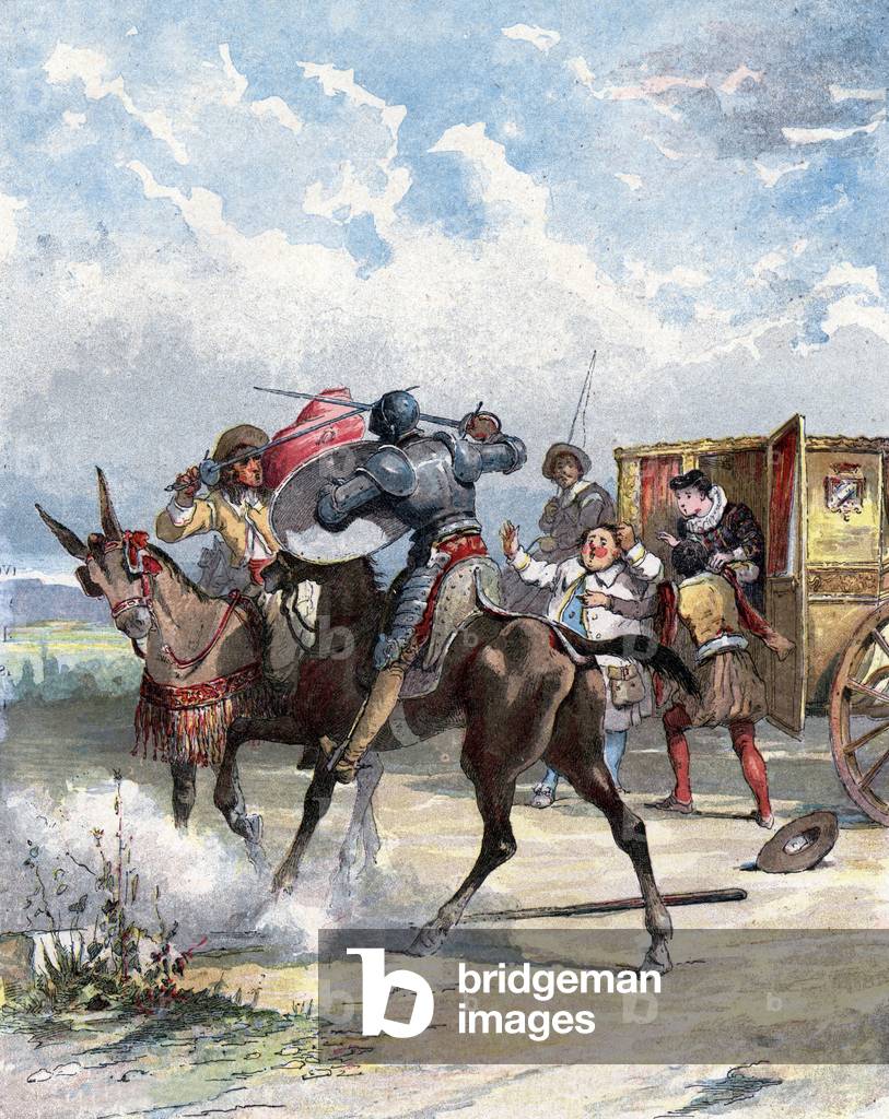 Don Quixote attacking his ennemy, illustration of book by Miguel de Cervantes 