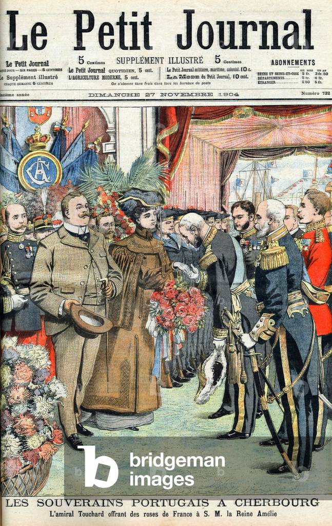 Portuguese king Charles 1st and queen Amelie welcomed by Touchard admiral, front page of newspaper 
