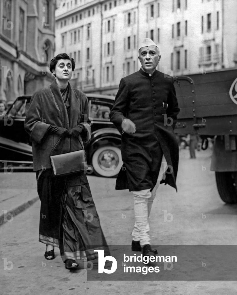 Jawaharlal Nehru (1889-1964) indian prime minister and his daughter Indira Gandhi in London, june 1st, 1953