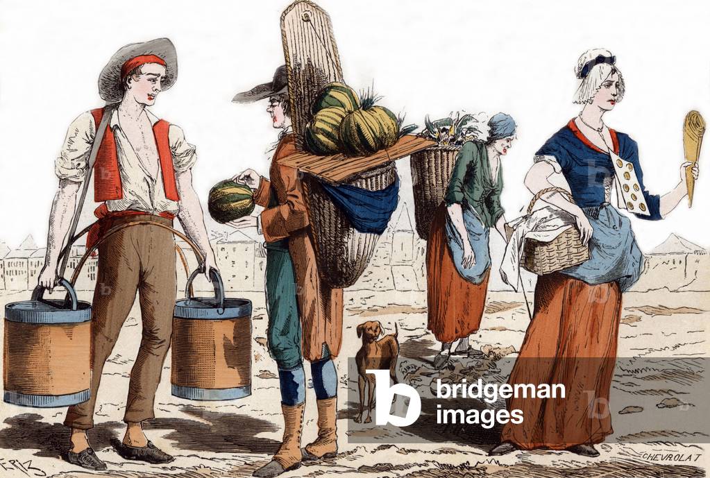 Trades in France, 18th century: water carrier, man selling melons, ragwoman, woman selling candies, engraving from 
