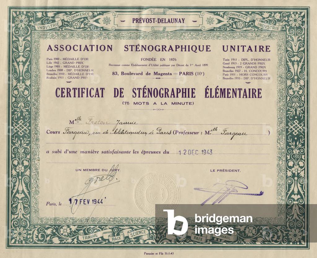 Certificate of elementary stenography (quick notes here 75 words a minute) from drunk to Melle Janine Freton (pupil at the school of Fargeau de la rue de chateaudun in Paris) on December 12, 1943 by the Association Stenographique Unitary (teacher the method of steno Prevost Delaunay)