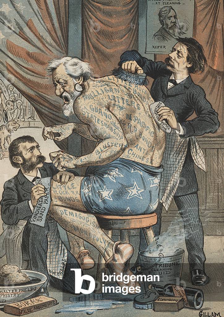 Blaine's body tattooed with his scandals, Reid and Phelps try to take off these tattoos, 19th century (engraving)