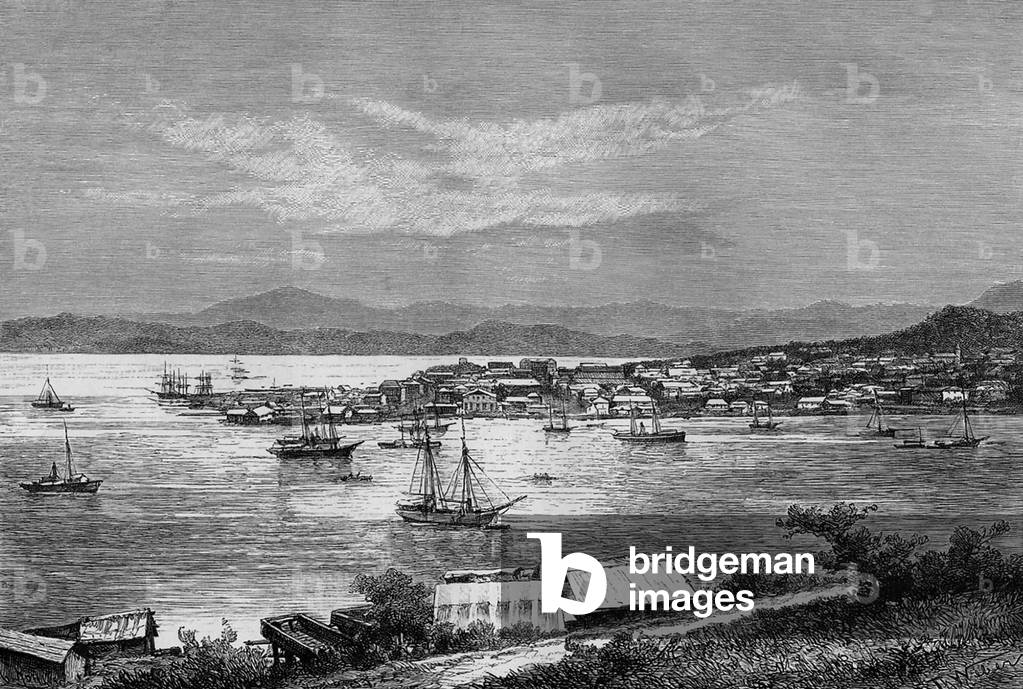 General view of Numea (New Caledonia) from artillery barracks (engraving)