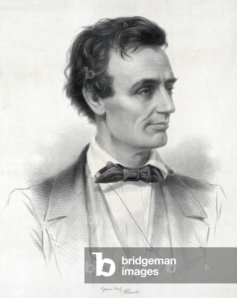 Hon. Abraham Lincoln, Republican candidate for the presidency, 1860. Print showing Abraham Lincoln, head-and-shoulders portrait, facing right. Thomas Hicks painted a portrait of Lincoln at his office in Springfield specifically for this lithograph by Leopold Grozelier, c 1860.