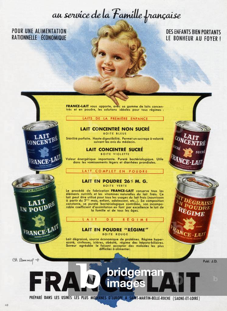 French advertisement for evaporated milk and powder milk France Lait, 1952 (colour litho)