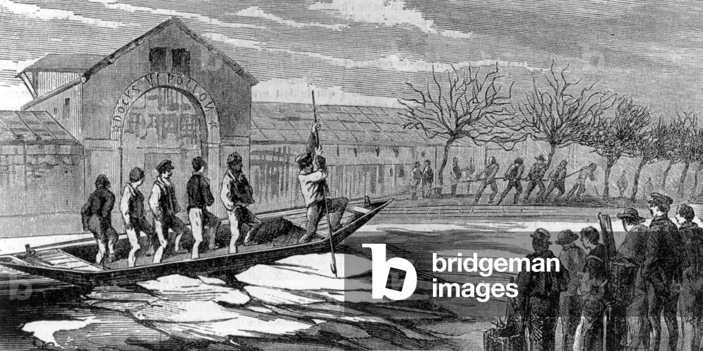Small boat used as icebreaker on the canal of la Villette, 1858 (engraving)