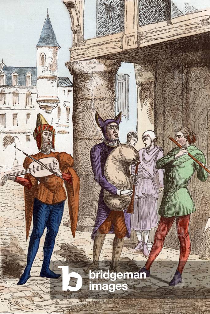 Musicians Ambulants in the 15th century (from the furniture of Viollet le Duc) engraving from the book “Paris a travers les centuries” TomeIV, 1878