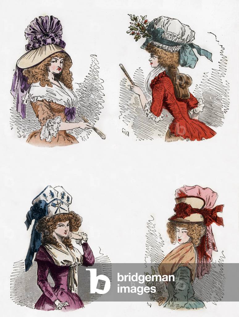From left to right at the top a boat hat overturned in 1788 and in mourning a hat at the globe in August 1789 at the bottom a hat at the three orders reunited in September 1789 and half mourning a hat bellows in 1789 engraving from the book “Paris a travers les siecles” TomEvi, 1878