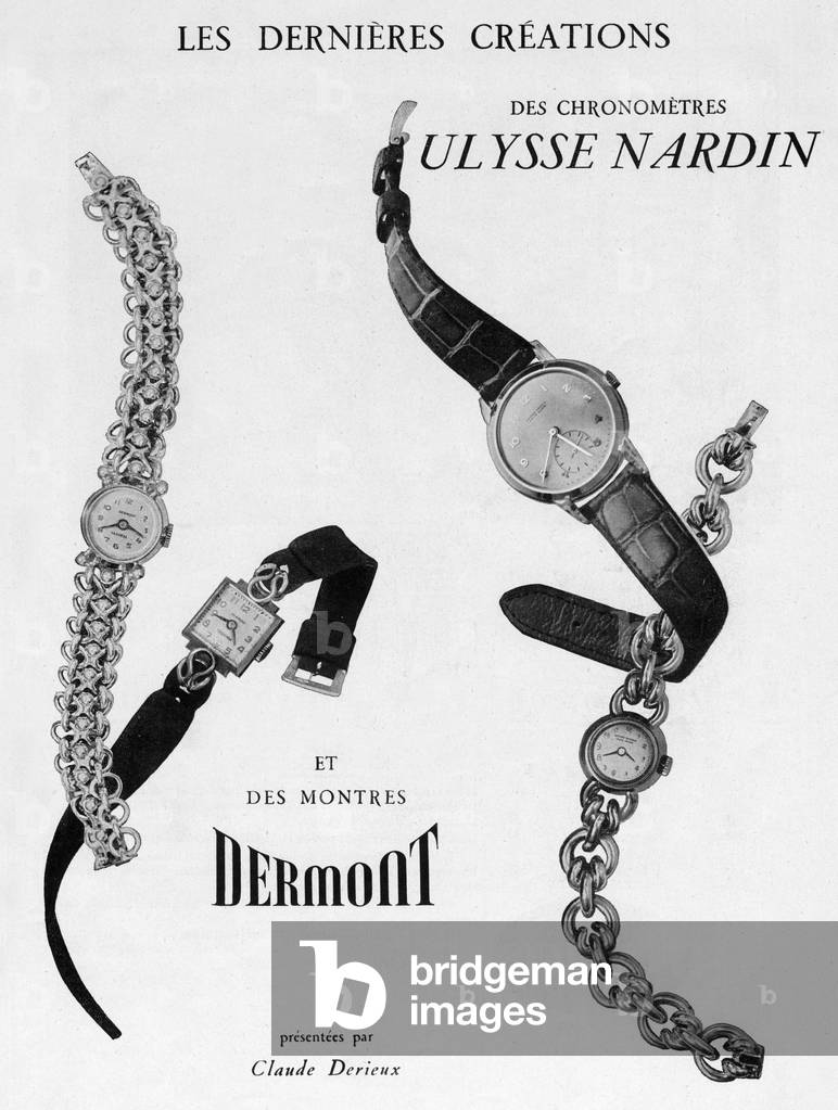 French advertisement for Ulysse Nardin chronometers and Dermont watches 1950