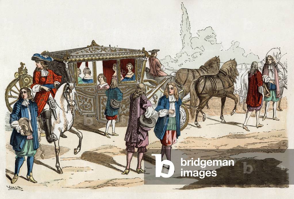 Coach at time of LouisXIV, late 17th century, engraving by Garcia from book by Henri Gourdon de Genouillac 