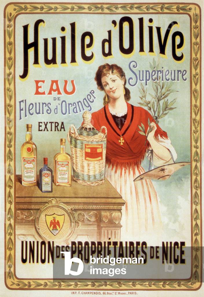 Poster for olive oil and water of orange blossoms, Nice (French Riviera) Postcard, c. 1910