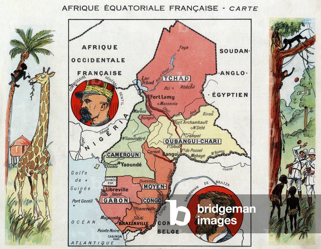 Map of French Equatorial Africa with portrait of General Emile Gentil (1866-1914) and Pierre Savorgnan de Brazza (1852-1905), 1931