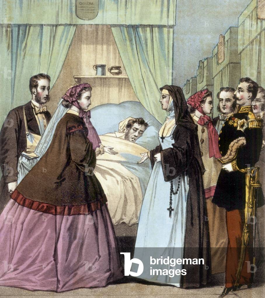 French empress Eugenie visiting sick people at hospital in Paris (at time of 2nd empire (1850-1870), engraving by Pinot and Sagaire