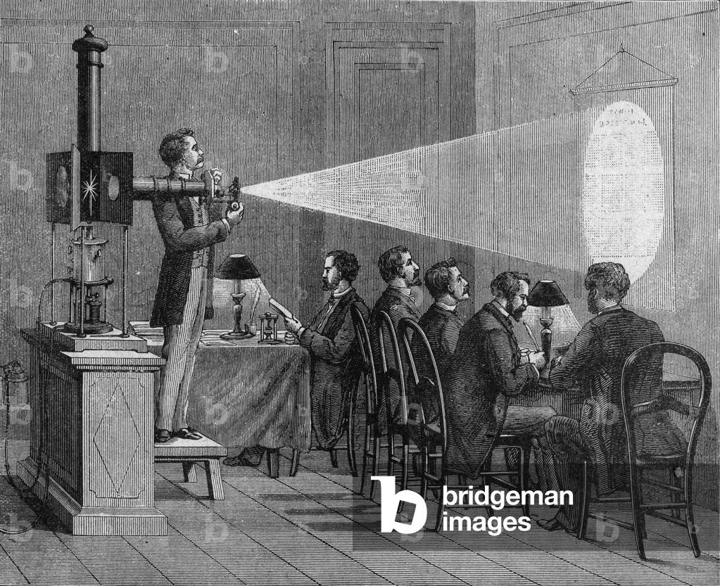 Enlargement of microscopic dispatchs carried by carrier pigeons from Paris, c. 1858, engraving