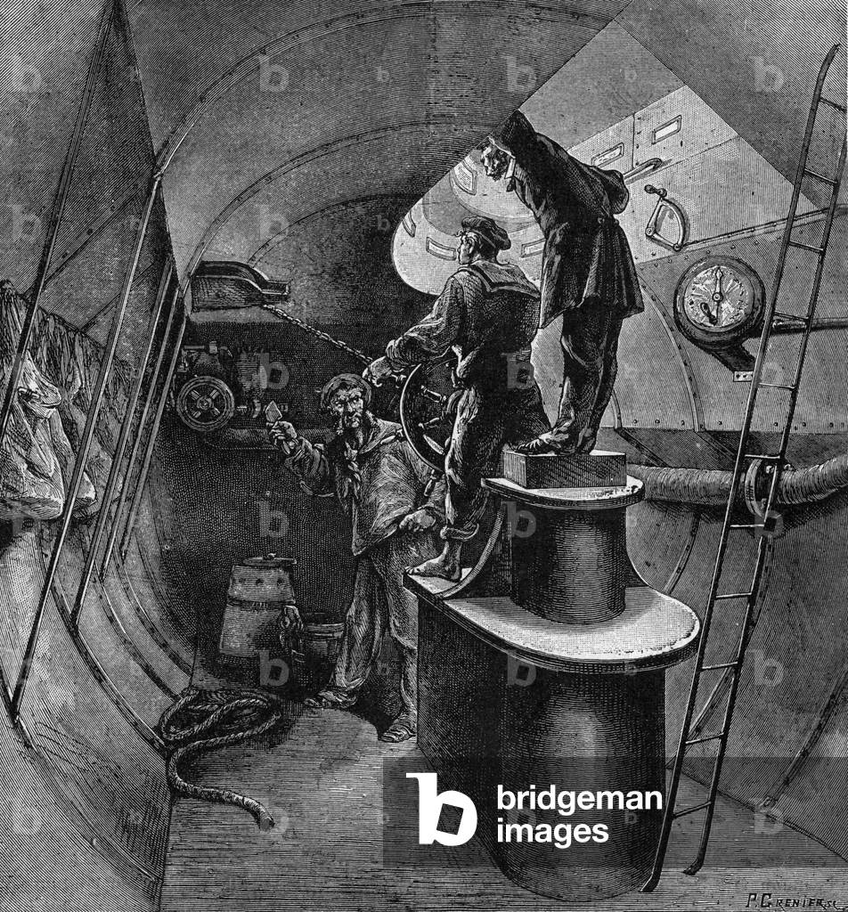 Interior view of a torpedo boat, 19th century engraving