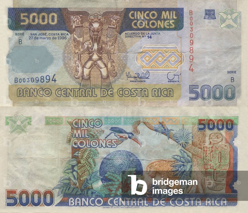 Duplex of a ticket of 5000 Colones of Costa Rica from 1996 in illustration of Colombian mythology character