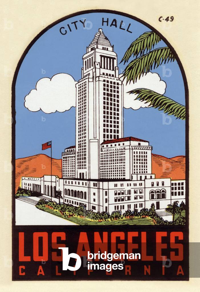 Decal (which can be used for luggages) showing Los Angeles town hall, California, 30's