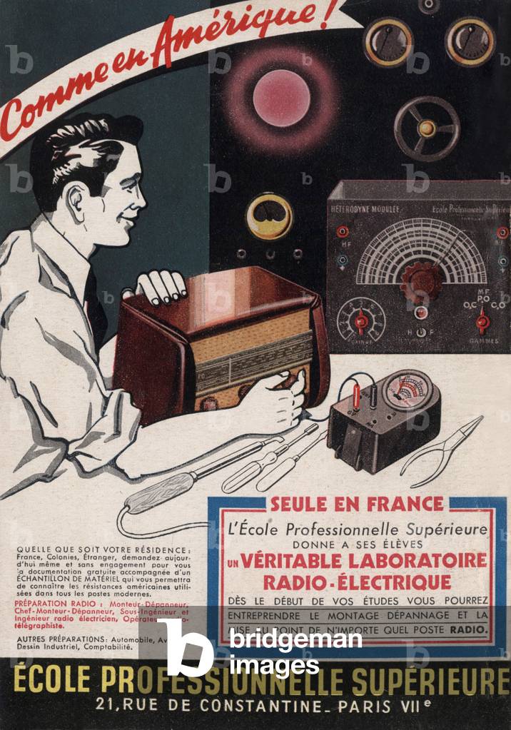 French advertisement for a school of assembly, repair of radios, 1952