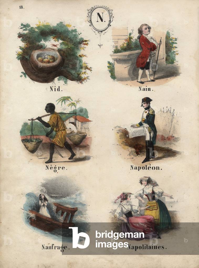 Letter N illustrated, 19th century (engraving)