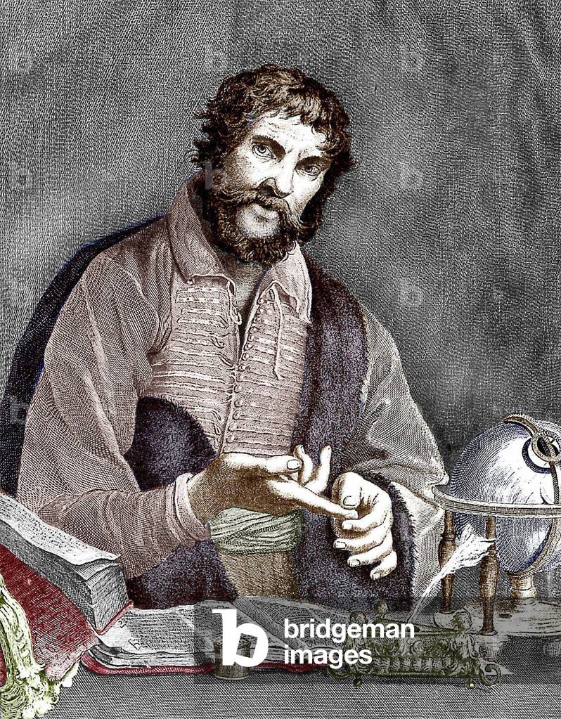 Michel de Nostredame, aka Nostradamus (1503-1566) french astrologer and doctor, engraving, colourized document