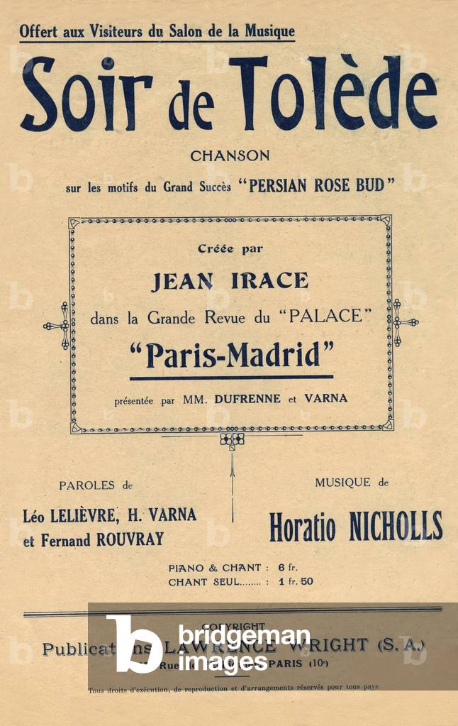 Cover of the score Soir de Tolede created by Jean Irace Paroles de Leo Lelievre H Varna et Fernand Rouvray music by Horatio Nicholls edition Lawrence Wright 1927