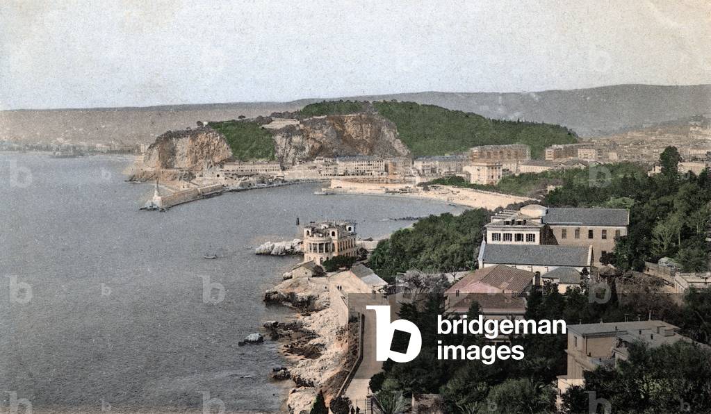 General view of the harbour with castle, Nice, Postcard, 1906