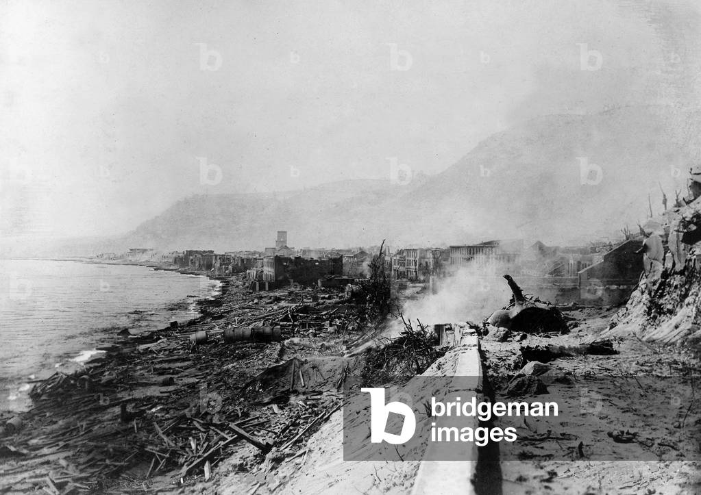 Saint Pierre (Martinique) destroyed by the eruption of Mount Pelee, 1902  (b/w photo)