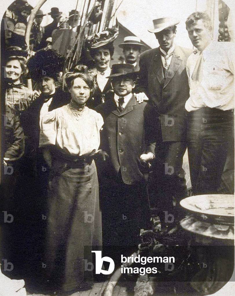 Left to right: Bertha Newberry, Mrs. Carlton Bierce, Charmian London, Carrie Sterling, James Hopper, Dick Partington, George Sterling, Jack London on board the 