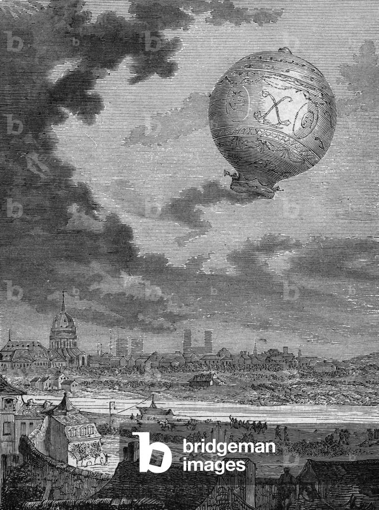 First montgolfier trip by Pilatre de Rozier and the Marquis d'Arlandes, 1793, 19th century (engraving)