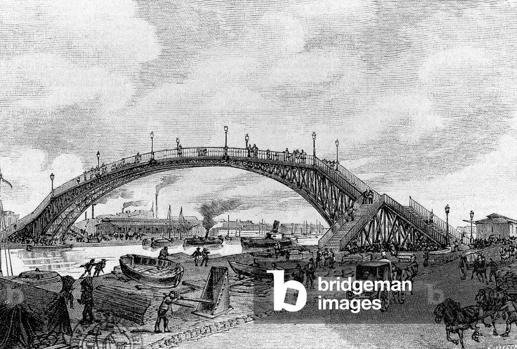 Moselle footbridge over la Villette ornamental lake, Paris, (engraving)