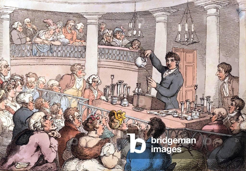Friedrich Christian Accum conducting an experiment in the lecture theater of the Surry (engraving)