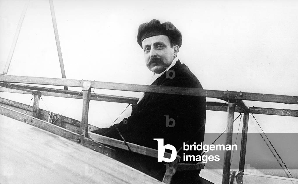 Louis Bleriot aboard his monoplane, c.1909 (b/w photo)