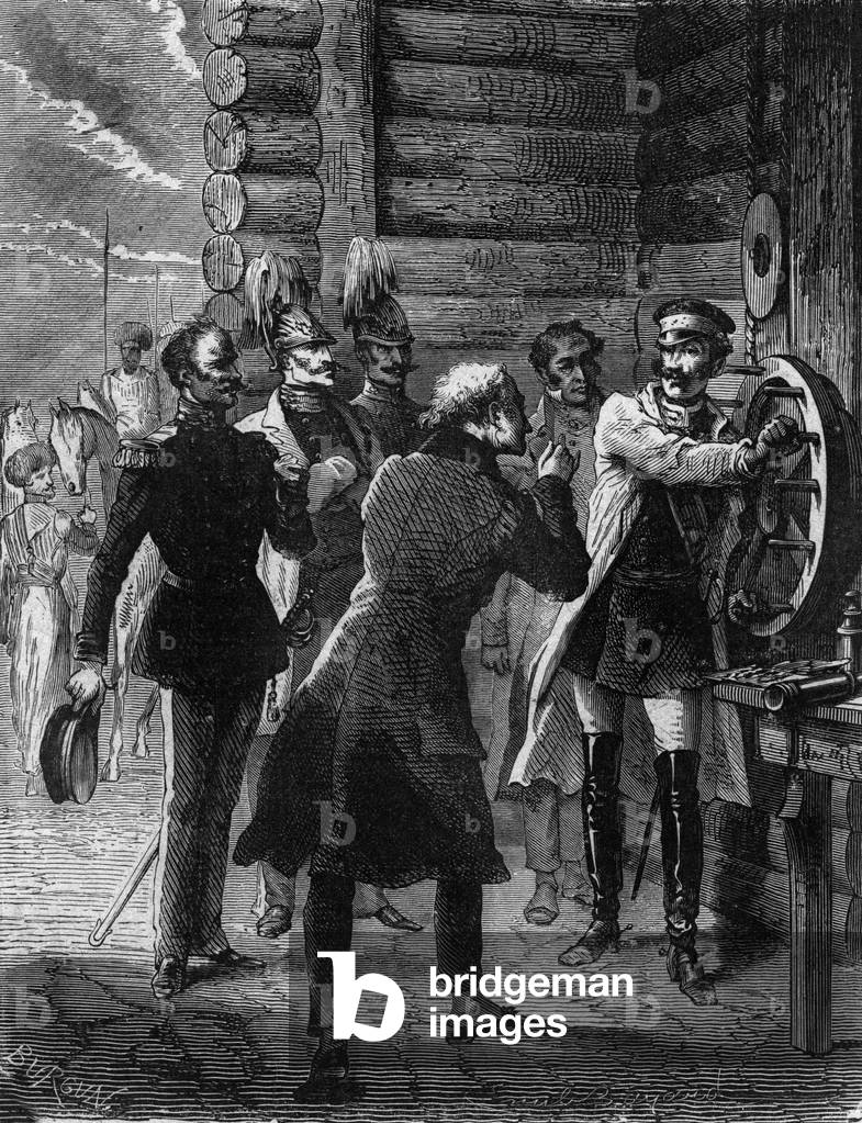 Tsar Nicholas I inaugurating the telegraph line between Moscow and Warsaw, 1833 (engraving)