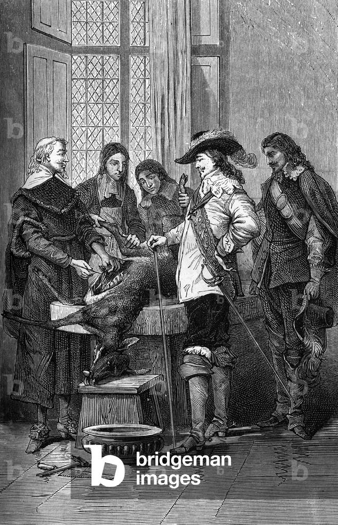 William Harvey showing to Charles I of England and doctors the blood circulation, 1878 (engraving)