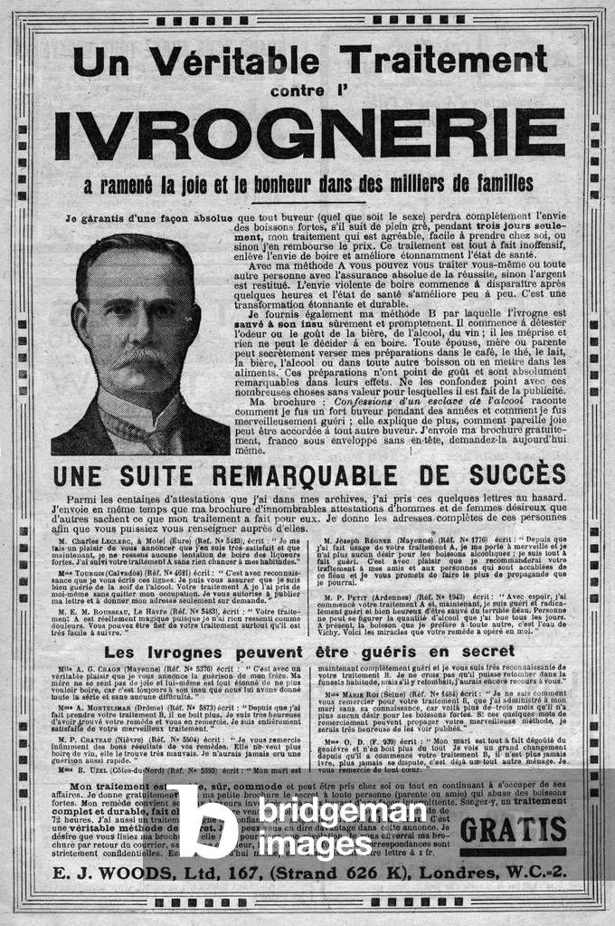 Advertising for a true treatment against drunkenness recipe miracle gratis, from the Almanach Vermot 1926 - English advertisement for a treatment against drinking 1926