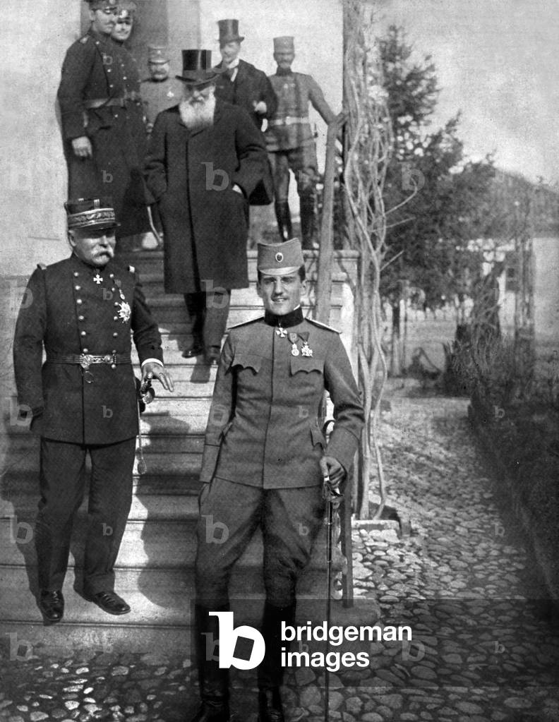 Prince Alexander of Serbia future king Alexander 1st of Yugoslavia (1888-1934) here on february 20, 1915 in Nich (Serbia) where he received military medal from general Paul Pau (l), behind: Mr Pachitch